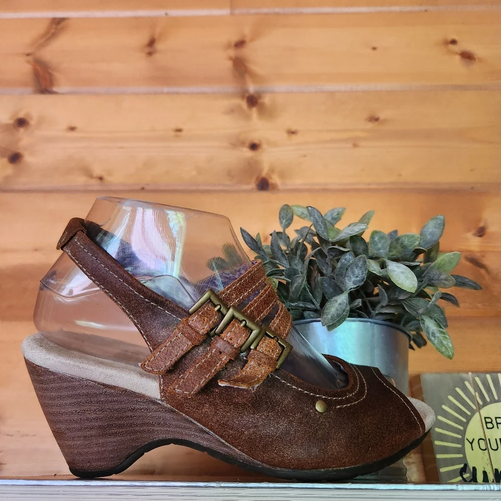 Caterpillar CAT Brown Leather Slingback Mary Jane Wedge Heel‎ Sandals Peep Toe 6
